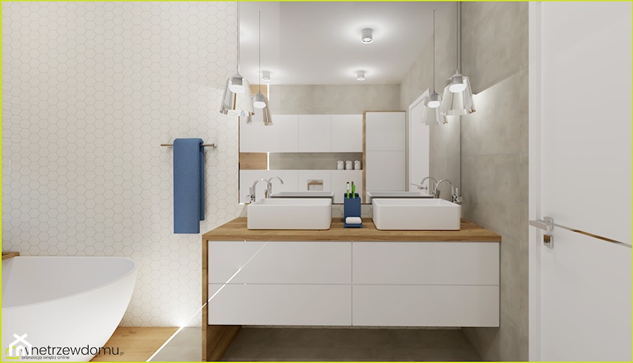 łazienka z podziałem na strefy - Średnia bez okna z lustrem z dwoma umywalkami z punktowym oświetleniem łazienka, styl skandynawski - zdjęcie od wnetrzewdomu