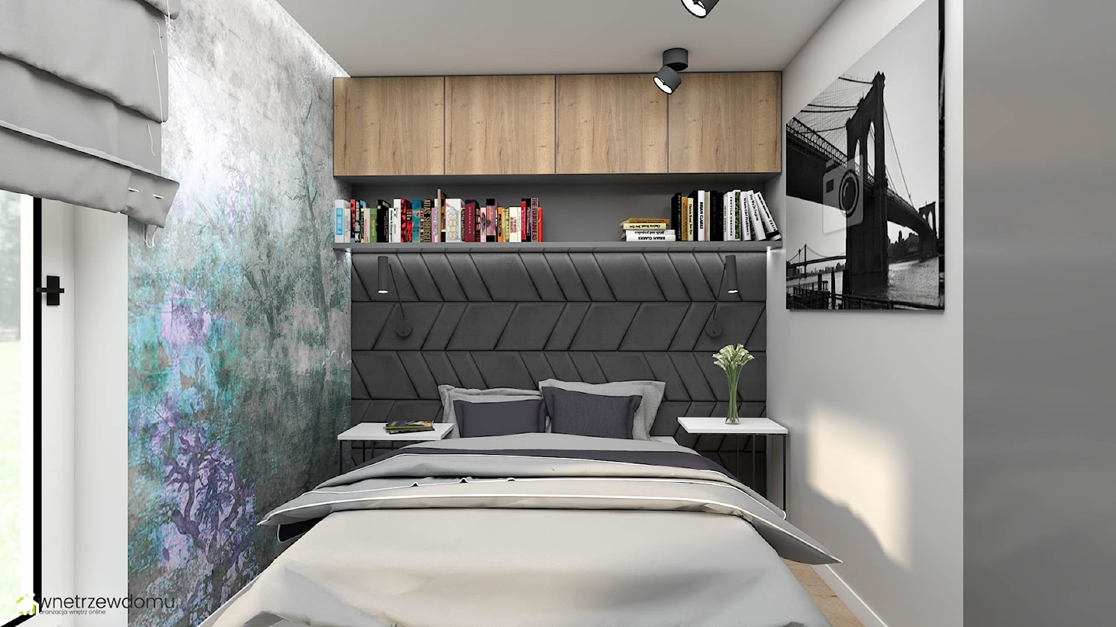 Ciemna sypialnią z dużą ilością szafek - zdjęcie od wnetrzewdomu - Homebook
