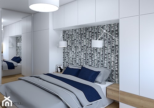 Sypialnia z zabudową - Średnia biała sypialnia, styl skandynawski - zdjęcie od wnetrzewdomu