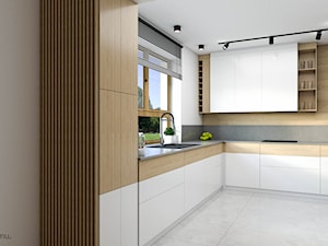 Jasna, nowoczesna kuchnia w połączeniu bieli, drewna i betonu - zdjęcie od wnetrzewdomu