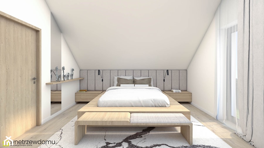 Jasna, przestronna sypialnia z pięknym drewnianym łóżkiem - zdjęcie od wnetrzewdomu