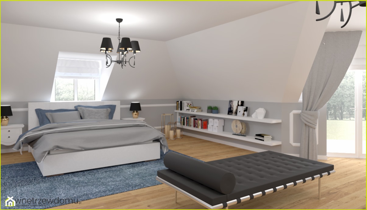 Sypialnia z leżanką - Duża biała szara sypialnia na poddaszu, styl nowoczesny - zdjęcie od wnetrzewdomu - Homebook