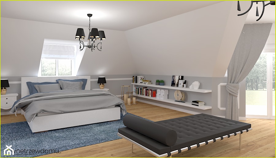 Sypialnia z leżanką - Duża biała szara sypialnia na poddaszu, styl nowoczesny - zdjęcie od wnetrzewdomu