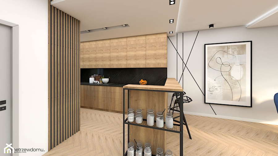 Połączenie drewna i betonu z różem w salonie z kuchnią - zdjęcie od wnetrzewdomu