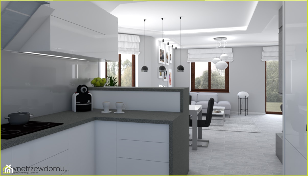 Szary salon z białą kuchnią - zdjęcie od wnetrzewdomu - Homebook