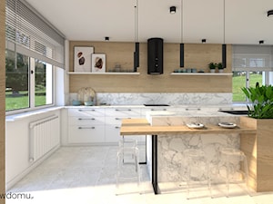 Nowoczesny salon z kuchnią - połączenie drewna i kamienia - zdjęcie od wnetrzewdomu