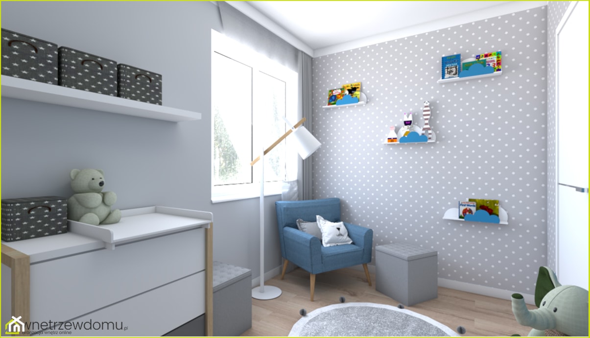 pokój dla niemowlaka - Średni szary pokój dziecka dla dziecka dla chłopca dla dziewczynki, styl skandynawski - zdjęcie od wnetrzewdomu - Homebook