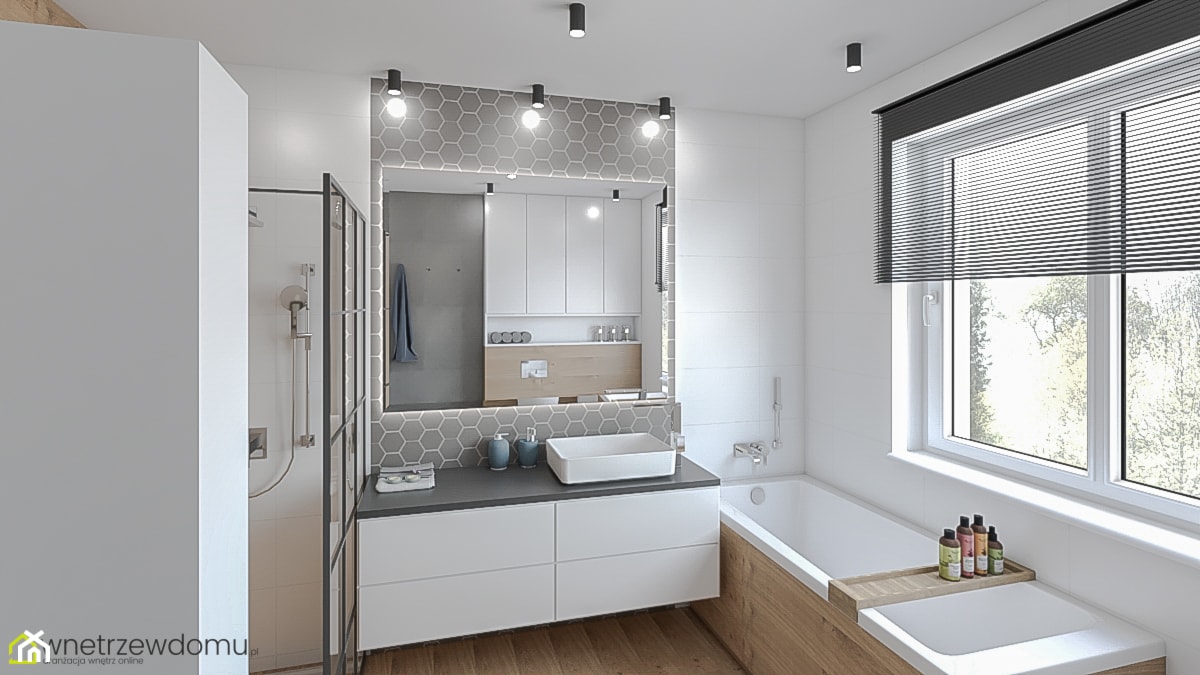 nowoczesna łazienka - wanna i prysznic - Średnia z lustrem z punktowym oświetleniem łazienka z oknem, styl nowoczesny - zdjęcie od wnetrzewdomu - Homebook
