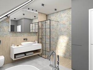 Łazienka z wanną wolnostojącą i prysznicem na poddaszu