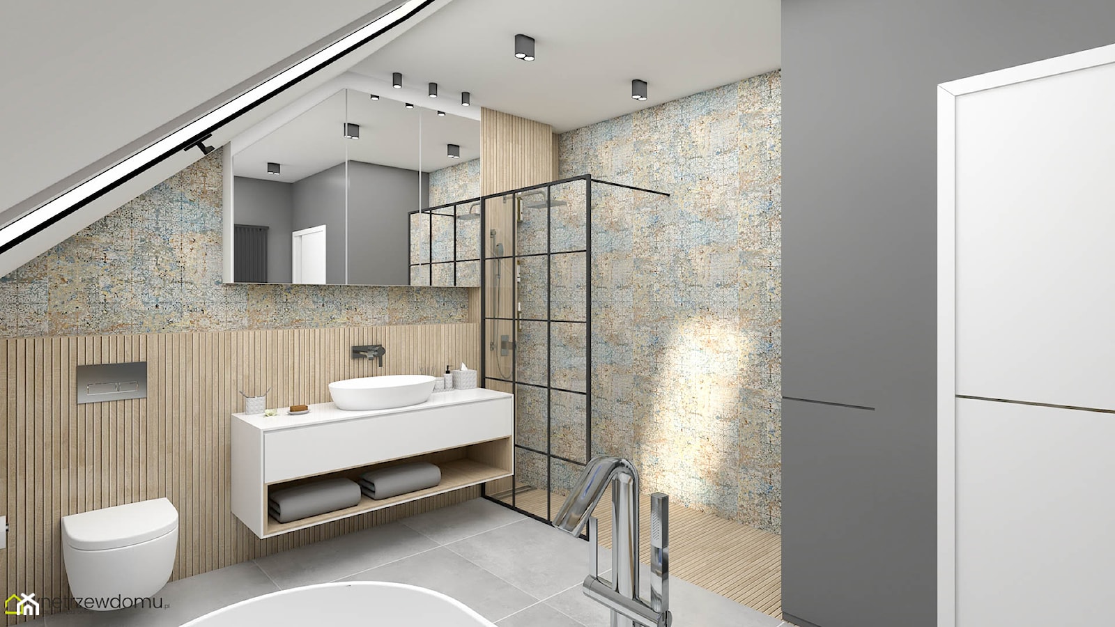 Łazienka z wanną wolnostojącą i prysznicem na poddaszu - zdjęcie od wnetrzewdomu - Homebook