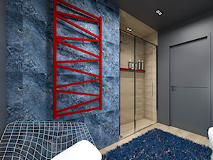 Granatowa łazienka z czerwonym grzejnikiem - zdjęcie od wnetrzewdomu