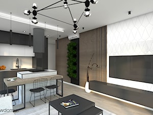 Biało-czarne wnętrze salonu z aneksem kuchennym