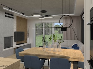 Nowoczesny salon z kuchnią z betonem na suficie - zdjęcie od wnetrzewdomu