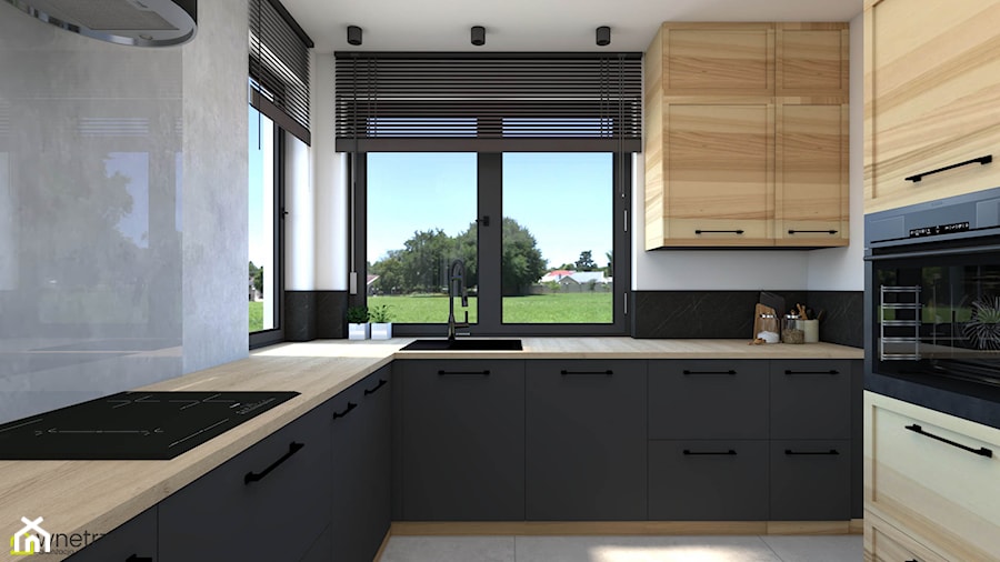 Elegancka ciemna kuchnia -połączenie czerni, drewna i betonu - zdjęcie od wnetrzewdomu