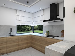 Nowoczesny salon z kuchnią z sufitami wykończonymi betonem