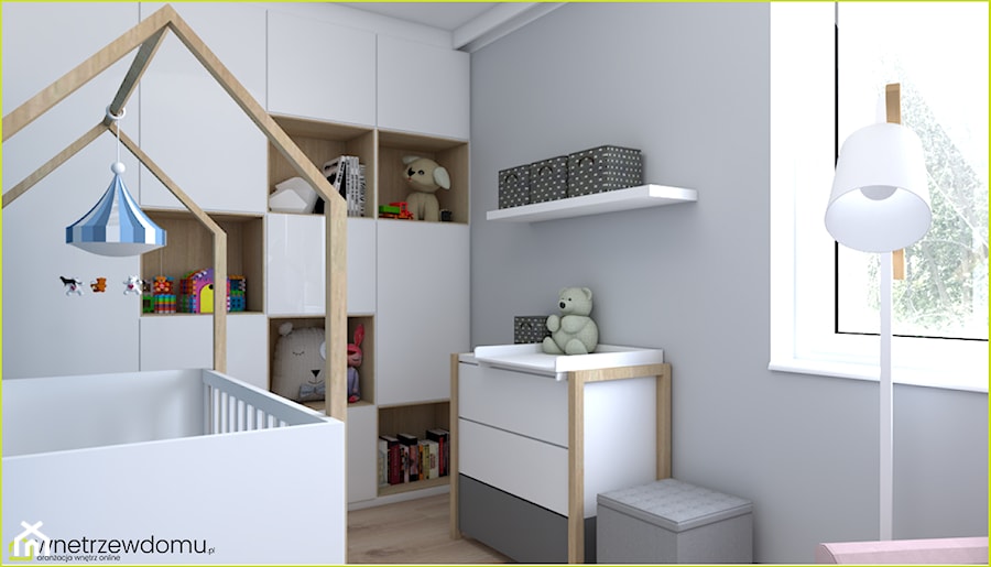 pokój dla niemowlaka - Mały szary pokój dziecka dla niemowlaka dla chłopca dla dziewczynki, styl skandynawski - zdjęcie od wnetrzewdomu