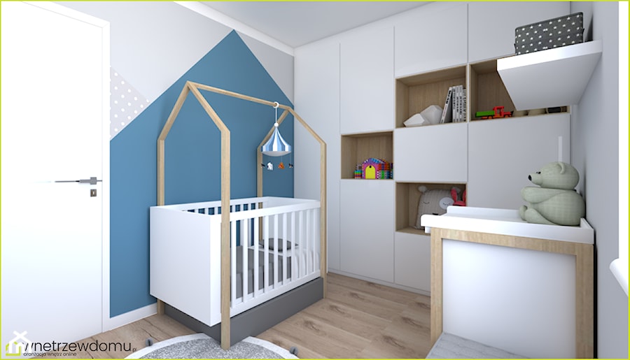 pokój dla niemowlaka - Średni szary niebieski pokój dziecka dla niemowlaka dla chłopca dla dziewczynki, styl skandynawski - zdjęcie od wnetrzewdomu