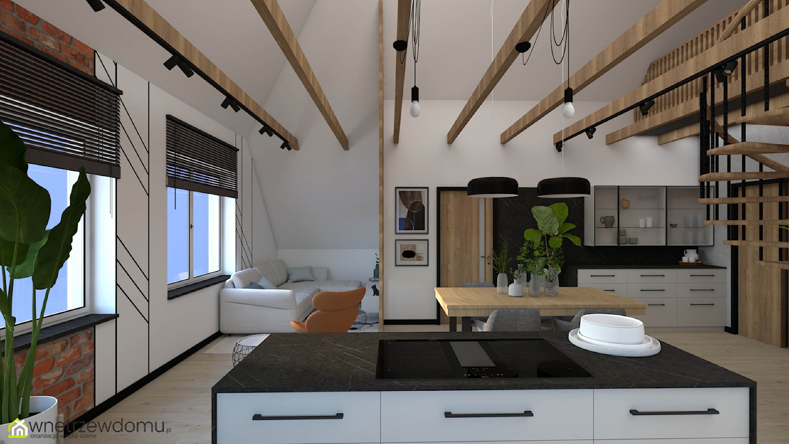 Salon z kuchnią w stylu loftowym na poddaszu - zdjęcie od wnetrzewdomu - Homebook