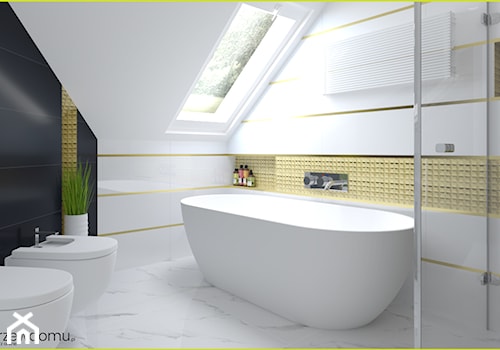 Łazienka - czerń, biel i złoto - Średnia na poddaszu z marmurową podłogą łazienka z oknem, styl glamour - zdjęcie od wnetrzewdomu