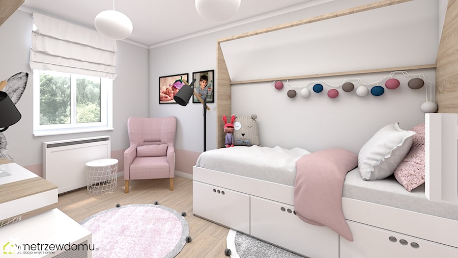 dziewczęcy pokój z miejscem dla gości - Średni szary pokój dziecka dla nastolatka dla dziewczynki, styl skandynawski - zdjęcie od wnetrzewdomu