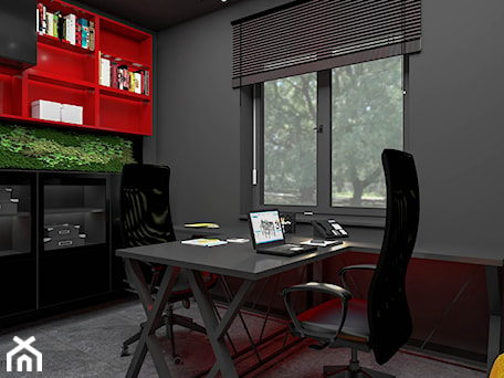 Aranżacje wnętrz - Biuro: Gabinet w kolorach czerni z dodatkiem czerwieni - wnetrzewdomu. Przeglądaj, dodawaj i zapisuj najlepsze zdjęcia, pomysły i inspiracje designerskie. W bazie mamy już prawie milion fotografii!