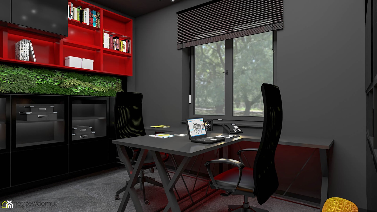 Gabinet w kolorach czerni z dodatkiem czerwieni - zdjęcie od wnetrzewdomu - Homebook