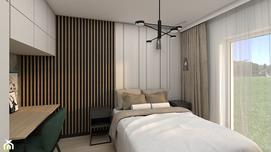 Połączenie lameli i paneli tapicerowanych w nowoczesnej sypialni - zdjęcie od wnetrzewdomu