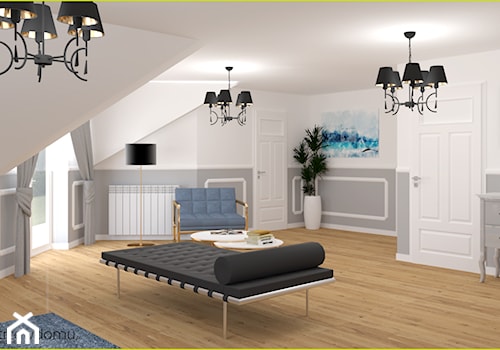 Sypialnia z leżanką - Duża biała szara sypialnia na poddaszu, styl glamour - zdjęcie od wnetrzewdomu