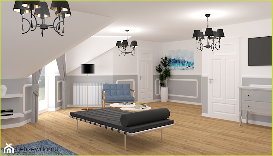 Sypialnia z leżanką - Duża biała szara sypialnia na poddaszu, styl glamour - zdjęcie od wnetrzewdomu
