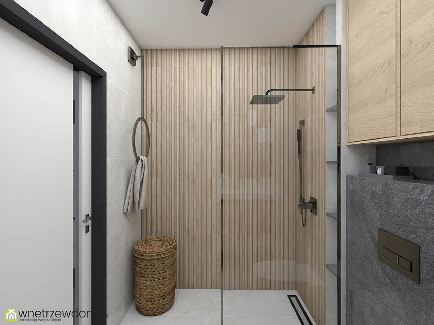 Biel, drewno oraz czerń w nowoczesnej łazience - zdjęcie od wnetrzewdomu - Homebook