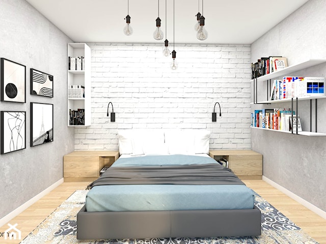 Jasna przestronna sypialnia z białą cegłą