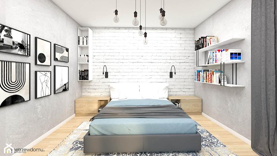 Jasna przestronna sypialnia z białą cegłą - zdjęcie od wnetrzewdomu