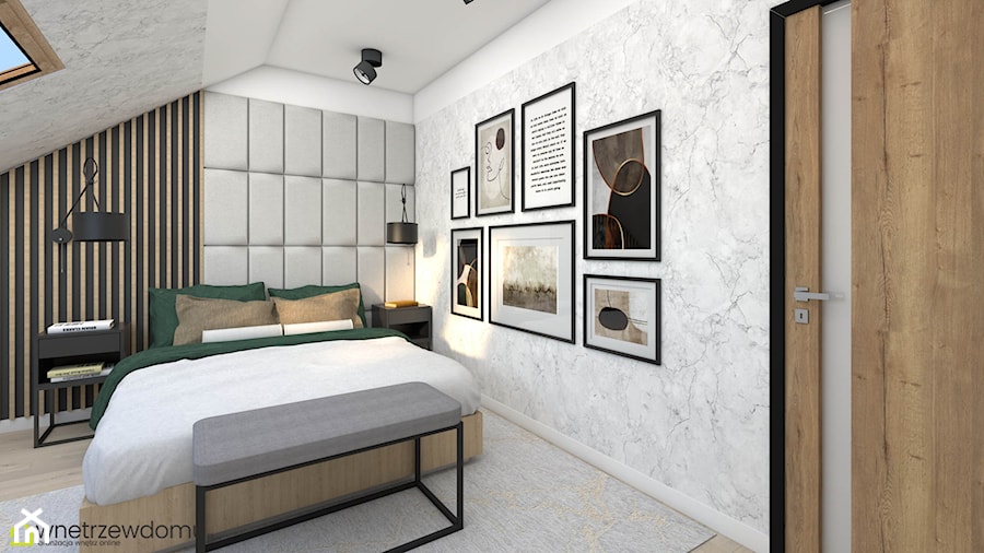 Jasna sypialnia wykończona tapetą imitującą marmur - zdjęcie od wnetrzewdomu