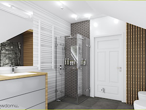 Łazienka z grafiką na szkle - Średnia na poddaszu bez okna z lustrem z punktowym oświetleniem łazienka, styl nowoczesny - zdjęcie od wnetrzewdomu