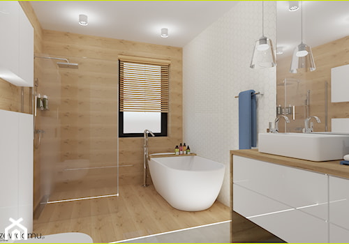 łazienka z podziałem na strefy - Duża z lustrem z punktowym oświetleniem łazienka z oknem, styl skandynawski - zdjęcie od wnetrzewdomu