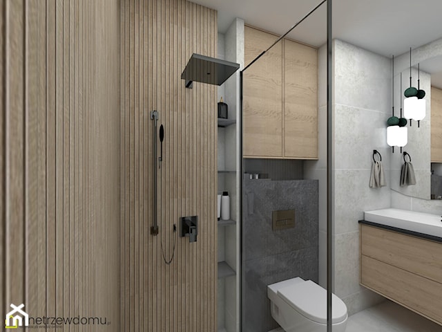 Biel , drewno oraz czerń w nowoczesnej łazience