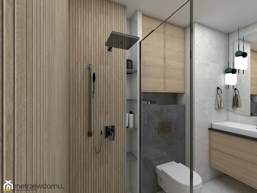 Biel, drewno oraz czerń w nowoczesnej łazience - zdjęcie od wnetrzewdomu