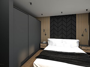 Ciemna sypialnia z tapetą z widokiem - zdjęcie od wnetrzewdomu