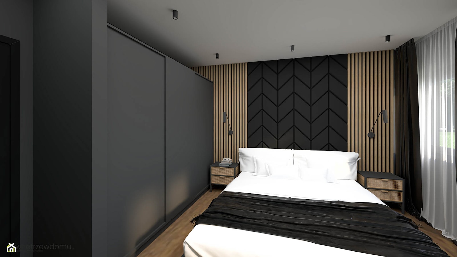 Ciemna sypialnia z tapetą z widokiem - zdjęcie od wnetrzewdomu - Homebook