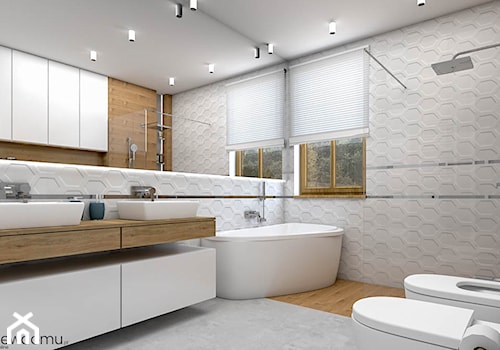 nowoczesna łazienka - biała z drewnem - Duża z dwoma umywalkami z punktowym oświetleniem łazienka z oknem, styl nowoczesny - zdjęcie od wnetrzewdomu