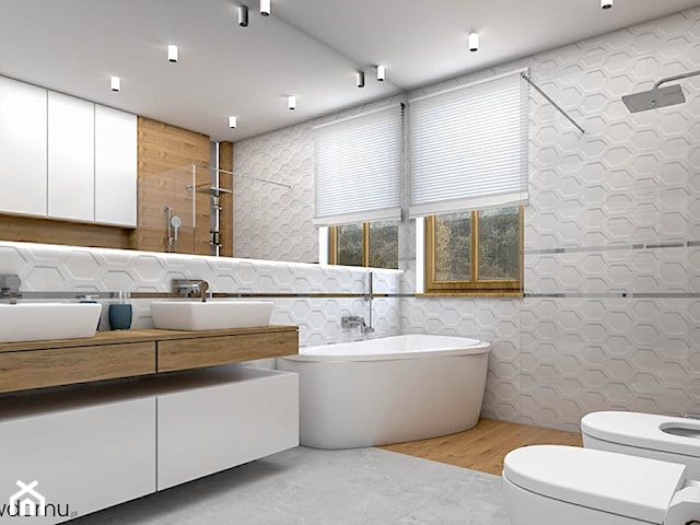 nowoczesna łazienka - biała z drewnem