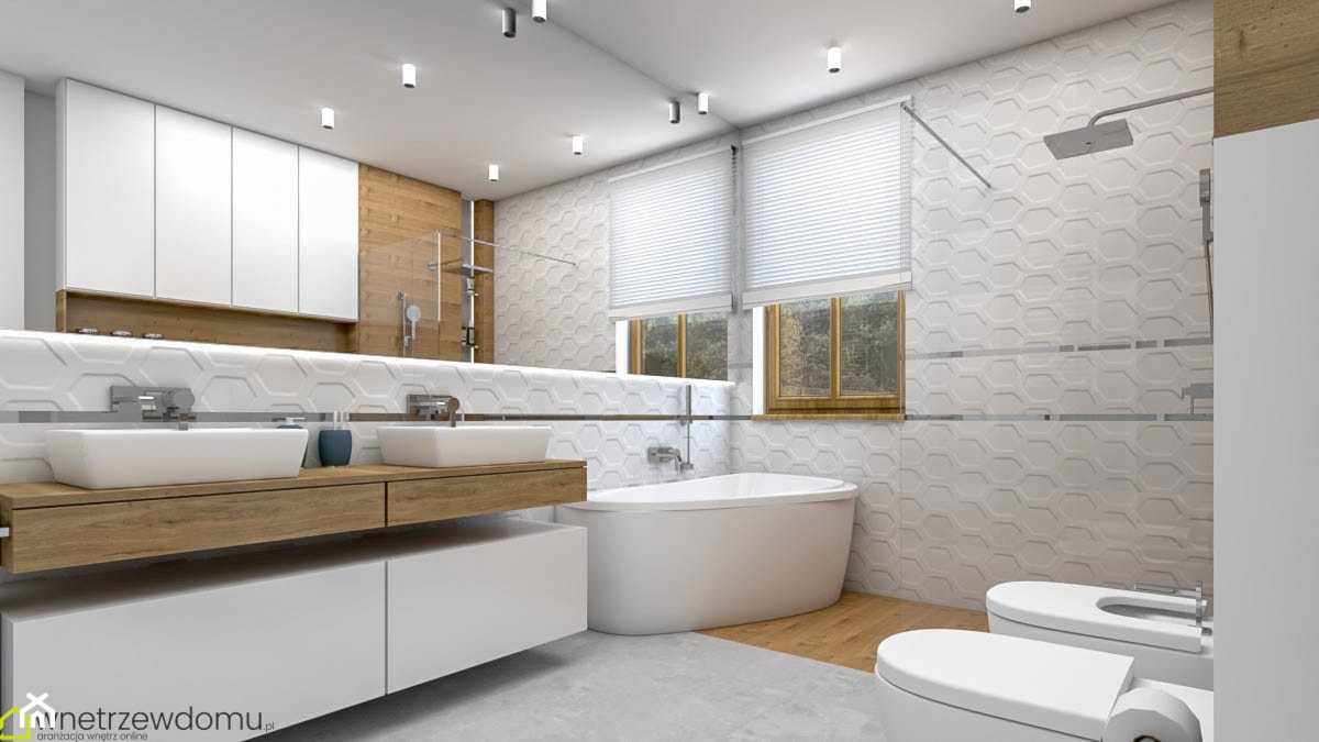 nowoczesna łazienka - biała z drewnem - Duża z dwoma umywalkami z punktowym oświetleniem łazienka z ... - zdjęcie od wnetrzewdomu - Homebook