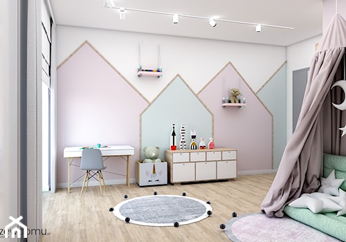 Pokój małej księżniczki - Duży biały różowy niebieski pokój dziecka dla dziecka dla nastolatka dla dziewczynki, styl skandynawski - zdjęcie od wnetrzewdomu