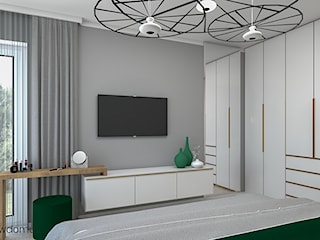 nowoczesna sypialnia z kolorem butelkowej zieleni