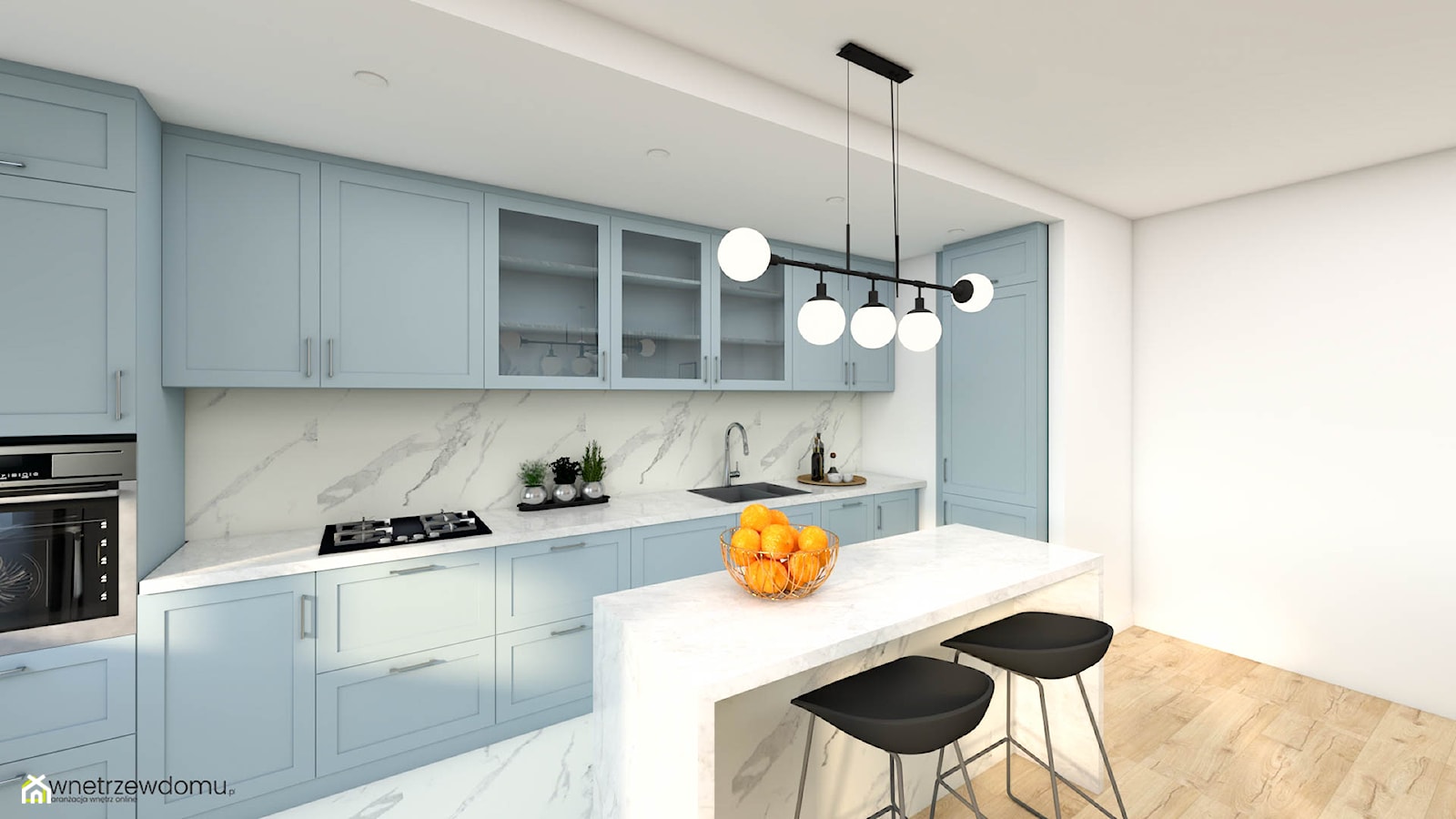 Salon z kuchnia w odcieniach błękitu - zdjęcie od wnetrzewdomu - Homebook