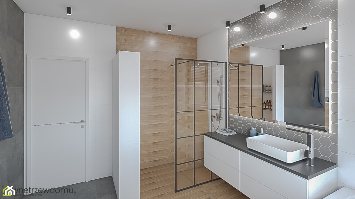nowoczesna łazienka - wanna i prysznic - Duża bez okna z lustrem z punktowym oświetleniem łazienka, styl skandynawski - zdjęcie od wnetrzewdomu - Homebook