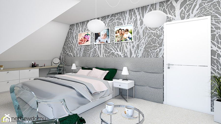 Delikatna sypialnia z miejscem na kawę - Duża biała szara z biurkiem sypialnia na poddaszu, styl nowoczesny - zdjęcie od wnetrzewdomu