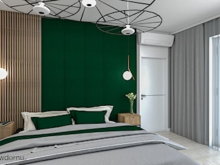 nowoczesna sypialnia z kolorem butelkowej zieleni