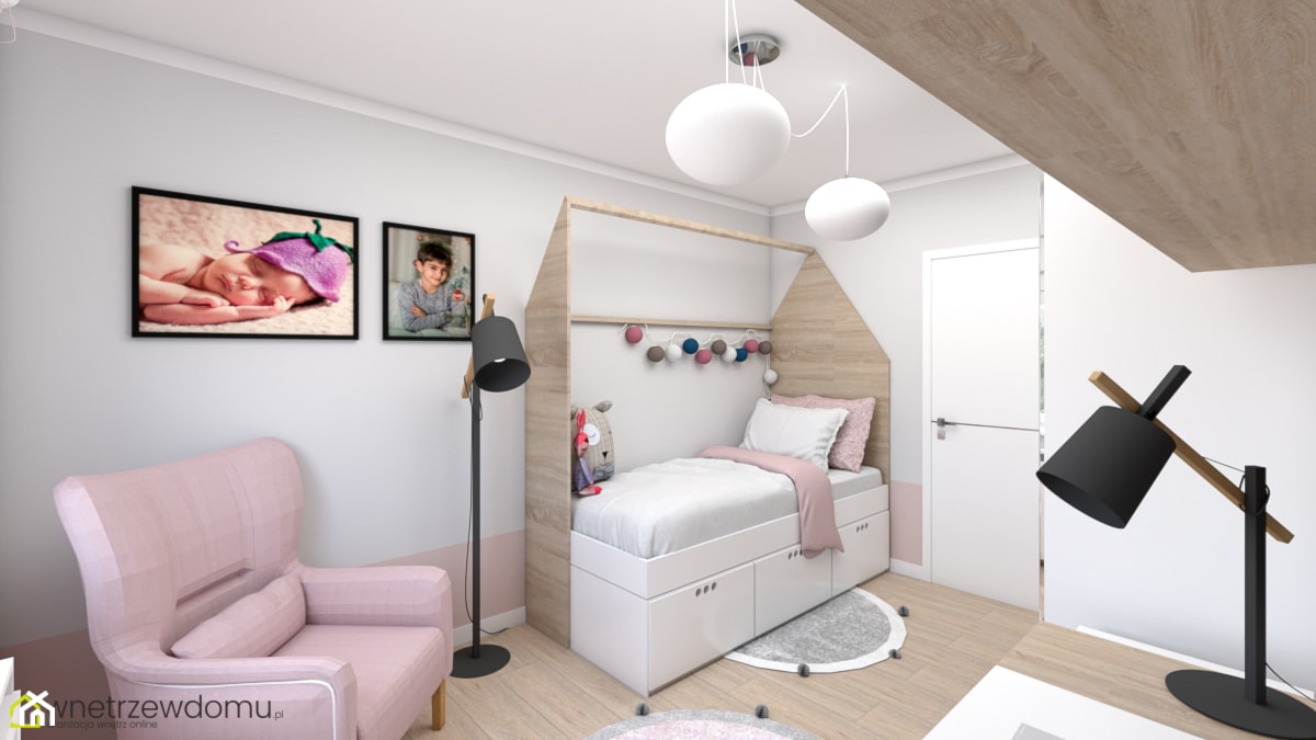 dziewczęcy pokój z miejscem dla gości - Średni szary pokój dziecka dla nastolatka dla dziewczynki, styl skandynawski - zdjęcie od wnetrzewdomu - Homebook