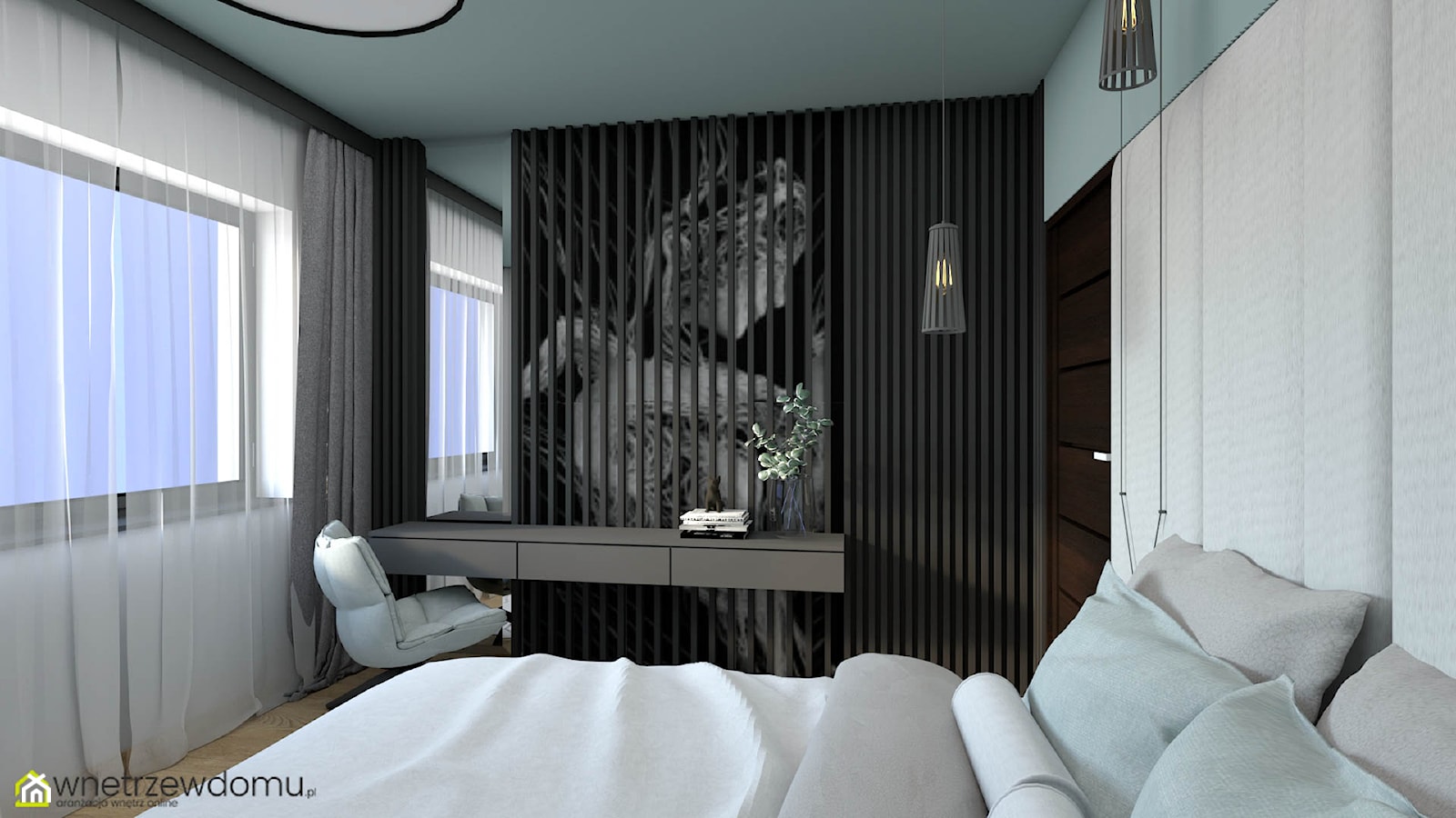 Nowoczesna sypialnia z turkusowym sufitem - zdjęcie od wnetrzewdomu - Homebook